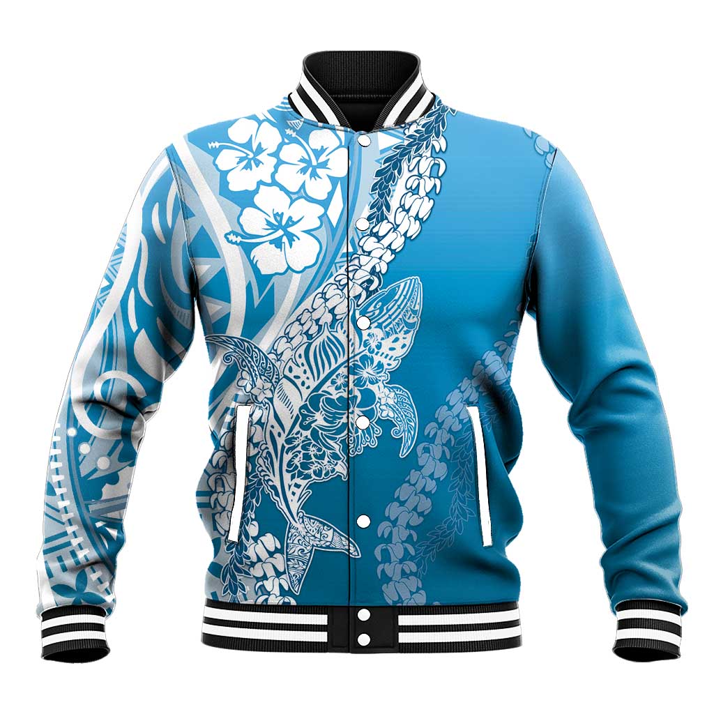 Hawaii Puakenikeni And Maile Lei Baseball Jacket Blue Polynesian Shark Tattoo DT05