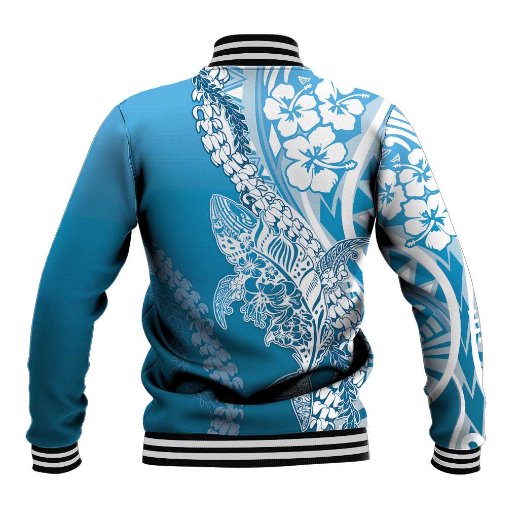 Hawaii Puakenikeni And Maile Lei Baseball Jacket Blue Polynesian Shark Tattoo DT05