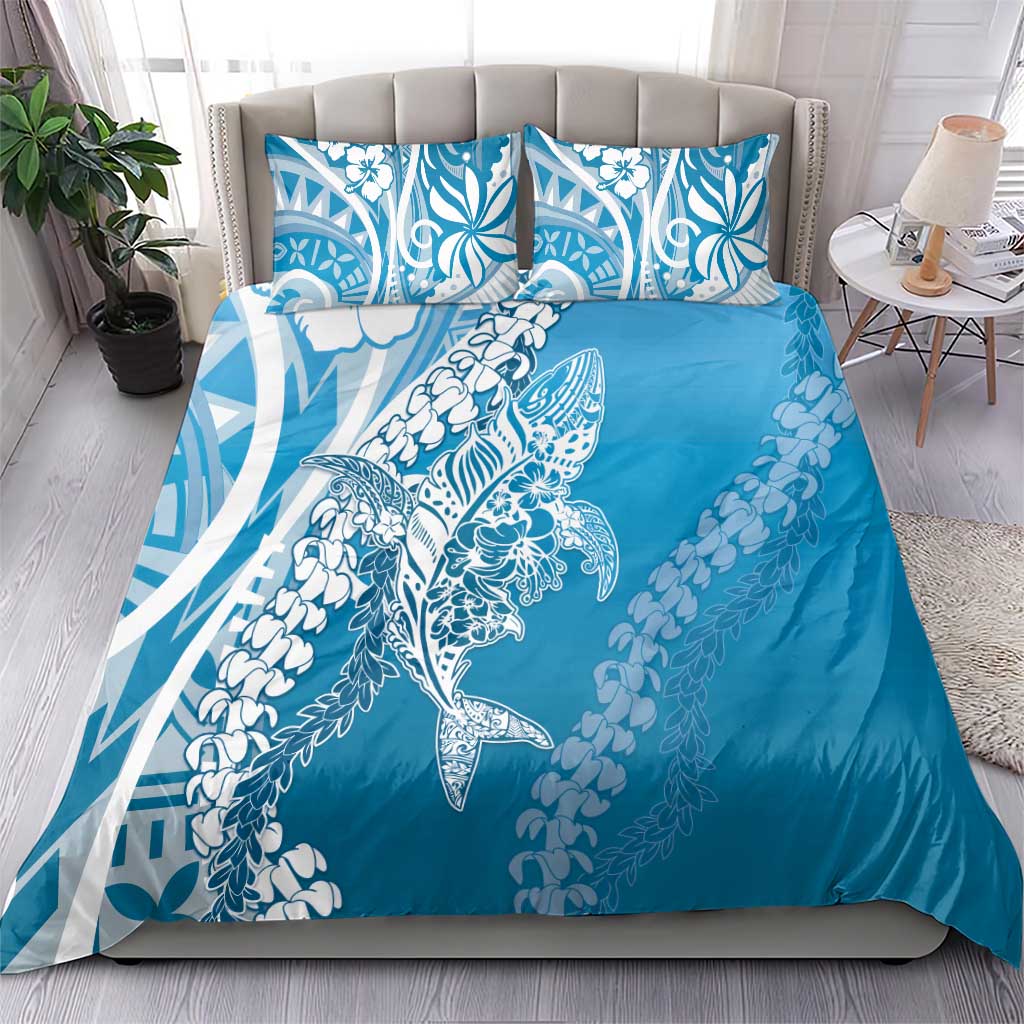 Hawaii Puakenikeni And Maile Lei Bedding Set Blue Polynesian Shark Tattoo DT05