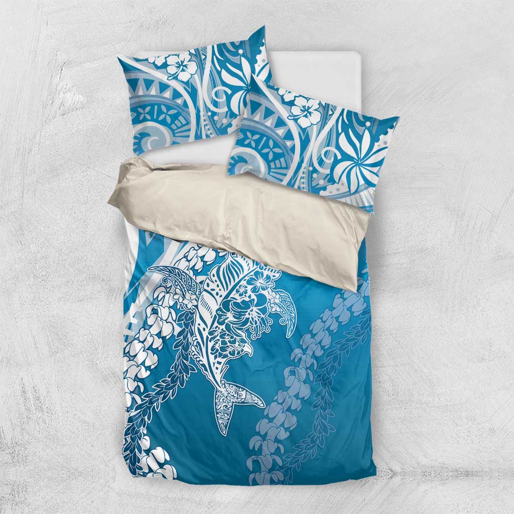 Hawaii Puakenikeni And Maile Lei Bedding Set Blue Polynesian Shark Tattoo DT05