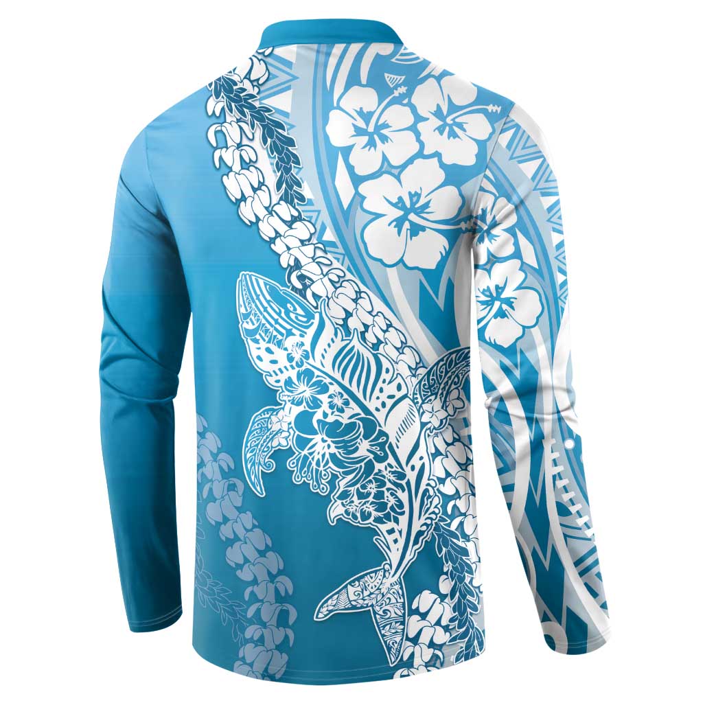 Hawaii Puakenikeni And Maile Lei Button Sweatshirt Blue Polynesian Shark Tattoo DT05