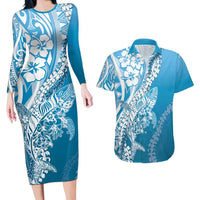 Hawaii Puakenikeni And Maile Lei Couples Matching Long Sleeve Bodycon Dress and Hawaiian Shirt Blue Polynesian Shark Tattoo DT05 Blue - Polynesian Pride