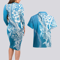 Hawaii Puakenikeni And Maile Lei Couples Matching Long Sleeve Bodycon Dress and Hawaiian Shirt Blue Polynesian Shark Tattoo DT05 - Polynesian Pride