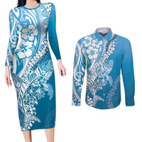 Hawaii Puakenikeni And Maile Lei Couples Matching Long Sleeve Bodycon Dress and Long Sleeve Button Shirt Blue Polynesian Shark Tattoo DT05 Blue - Polynesian Pride