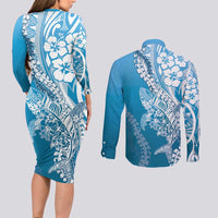 Hawaii Puakenikeni And Maile Lei Couples Matching Long Sleeve Bodycon Dress and Long Sleeve Button Shirt Blue Polynesian Shark Tattoo DT05 - Polynesian Pride