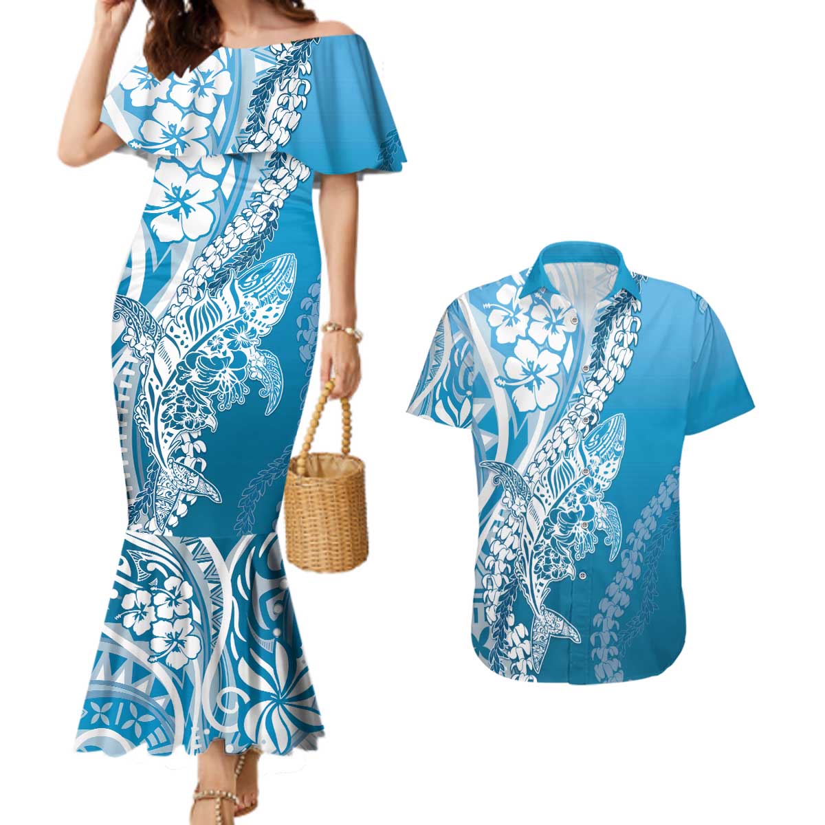 Hawaii Puakenikeni And Maile Lei Couples Matching Mermaid Dress and Hawaiian Shirt Blue Polynesian Shark Tattoo DT05 Blue - Polynesian Pride