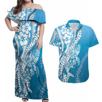 Hawaii Puakenikeni And Maile Lei Couples Matching Off Shoulder Maxi Dress and Hawaiian Shirt Blue Polynesian Shark Tattoo DT05 Blue - Polynesian Pride