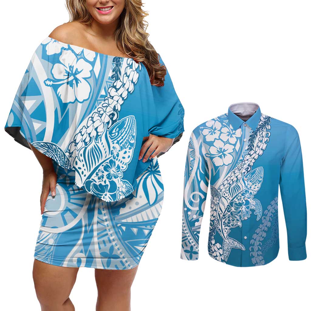 Hawaii Puakenikeni And Maile Lei Couples Matching Off Shoulder Short Dress and Long Sleeve Button Shirt Blue Polynesian Shark Tattoo DT05 Blue - Polynesian Pride