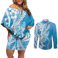 Hawaii Puakenikeni And Maile Lei Couples Matching Off Shoulder Short Dress and Long Sleeve Button Shirt Blue Polynesian Shark Tattoo DT05 Blue - Polynesian Pride