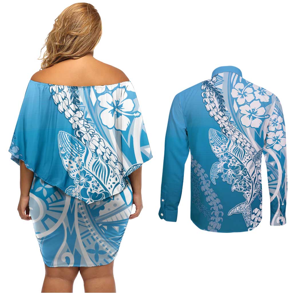 Hawaii Puakenikeni And Maile Lei Couples Matching Off Shoulder Short Dress and Long Sleeve Button Shirt Blue Polynesian Shark Tattoo DT05 - Polynesian Pride