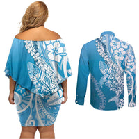 Hawaii Puakenikeni And Maile Lei Couples Matching Off Shoulder Short Dress and Long Sleeve Button Shirt Blue Polynesian Shark Tattoo DT05 - Polynesian Pride
