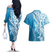 Hawaii Puakenikeni And Maile Lei Couples Matching Off The Shoulder Long Sleeve Dress and Hawaiian Shirt Blue Polynesian Shark Tattoo DT05