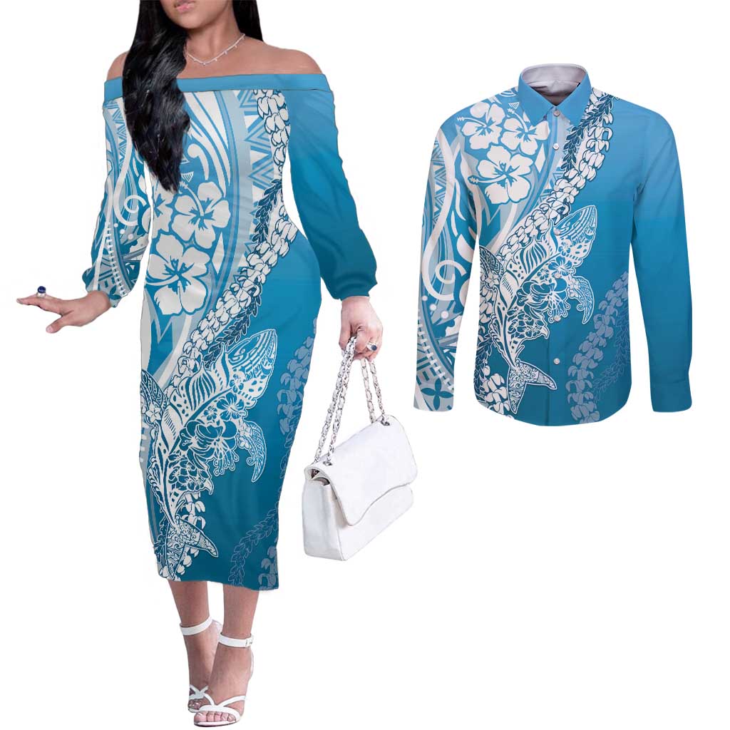 Hawaii Puakenikeni And Maile Lei Couples Matching Off The Shoulder Long Sleeve Dress and Long Sleeve Button Shirt Blue Polynesian Shark Tattoo DT05 Blue - Polynesian Pride