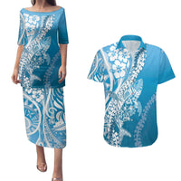 Hawaii Puakenikeni And Maile Lei Couples Matching Puletasi and Hawaiian Shirt Blue Polynesian Shark Tattoo DT05