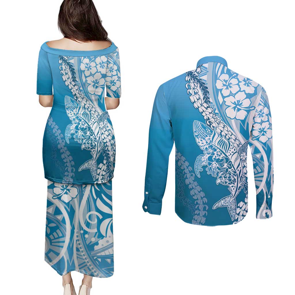Hawaii Puakenikeni And Maile Lei Couples Matching Puletasi and Long Sleeve Button Shirt Blue Polynesian Shark Tattoo DT05