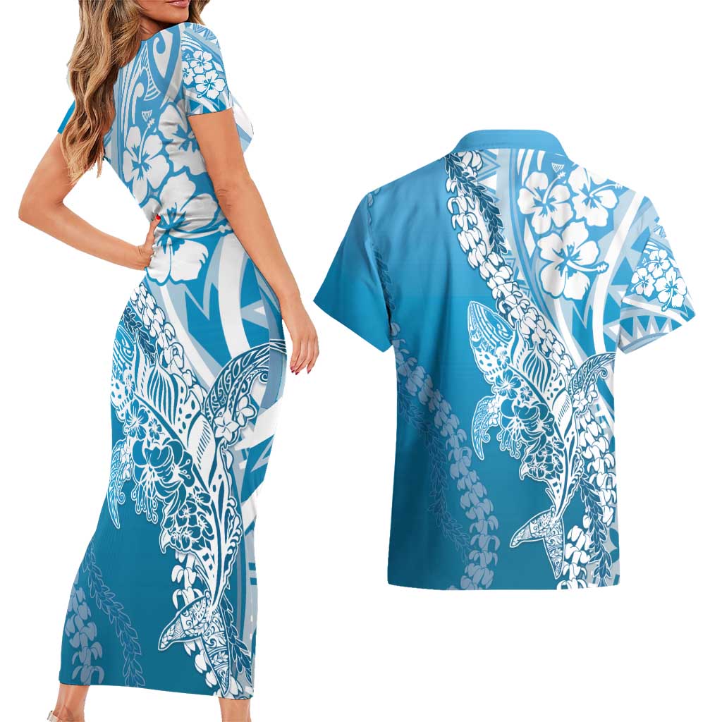 Hawaii Puakenikeni And Maile Lei Couples Matching Short Sleeve Bodycon Dress and Hawaiian Shirt Blue Polynesian Shark Tattoo DT05 - Polynesian Pride