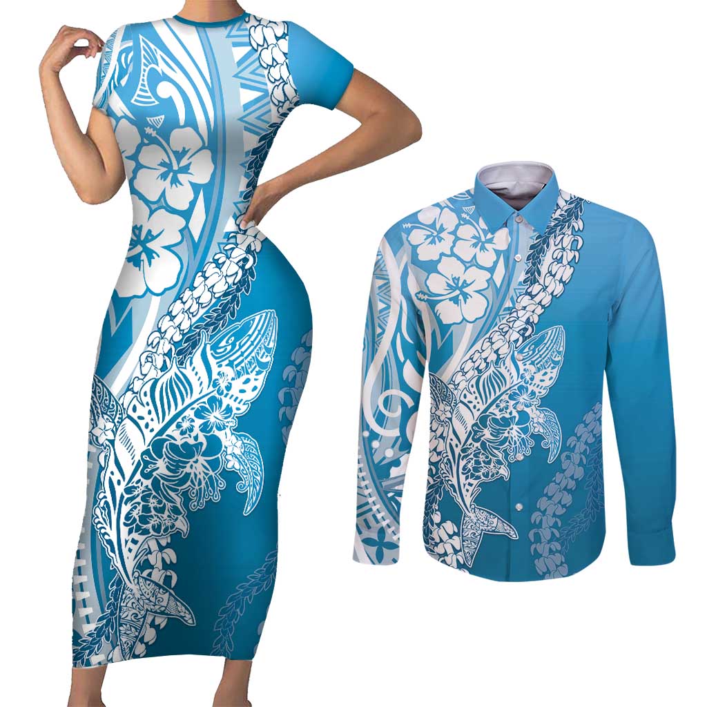 Hawaii Puakenikeni And Maile Lei Couples Matching Short Sleeve Bodycon Dress and Long Sleeve Button Shirt Blue Polynesian Shark Tattoo DT05 Blue - Polynesian Pride