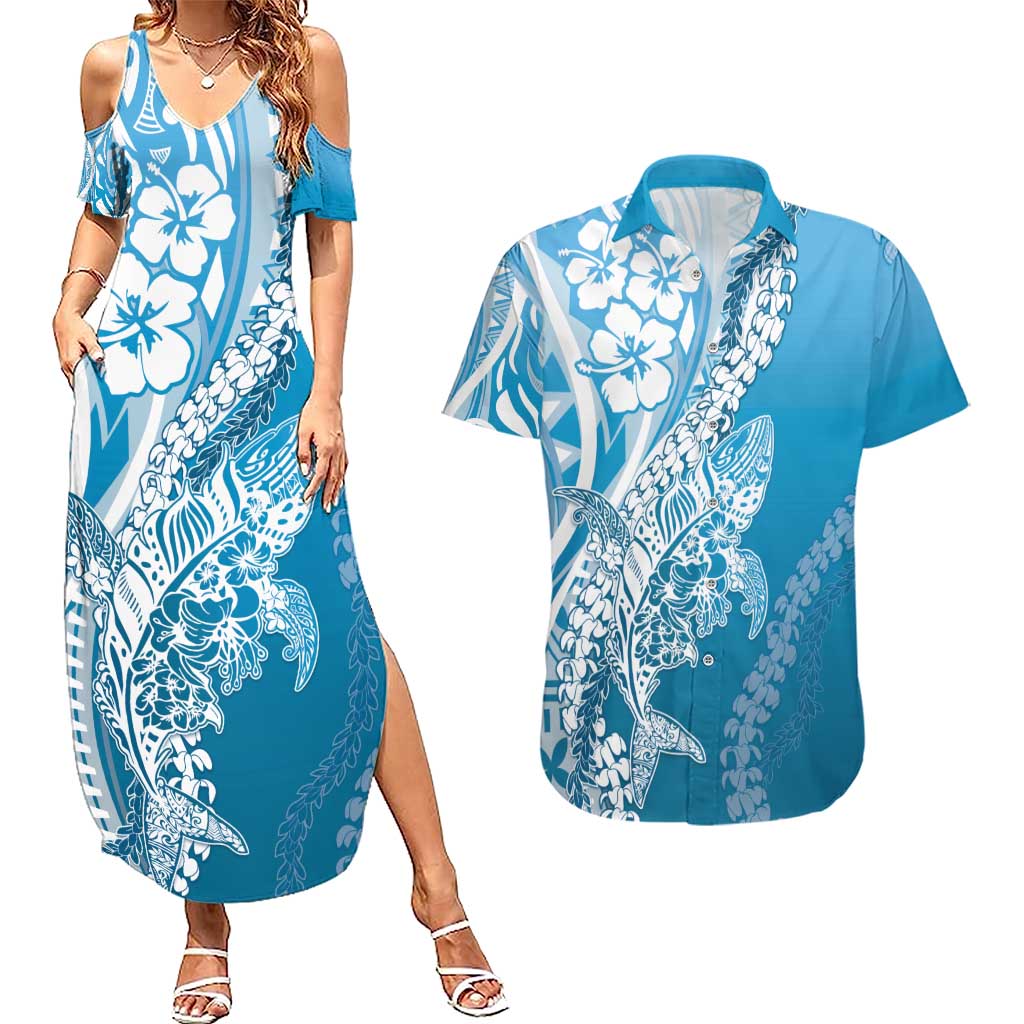 Hawaii Puakenikeni And Maile Lei Couples Matching Summer Maxi Dress and Hawaiian Shirt Blue Polynesian Shark Tattoo DT05 Blue - Polynesian Pride