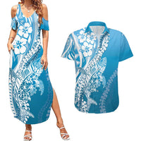 Hawaii Puakenikeni And Maile Lei Couples Matching Summer Maxi Dress and Hawaiian Shirt Blue Polynesian Shark Tattoo DT05 Blue - Polynesian Pride