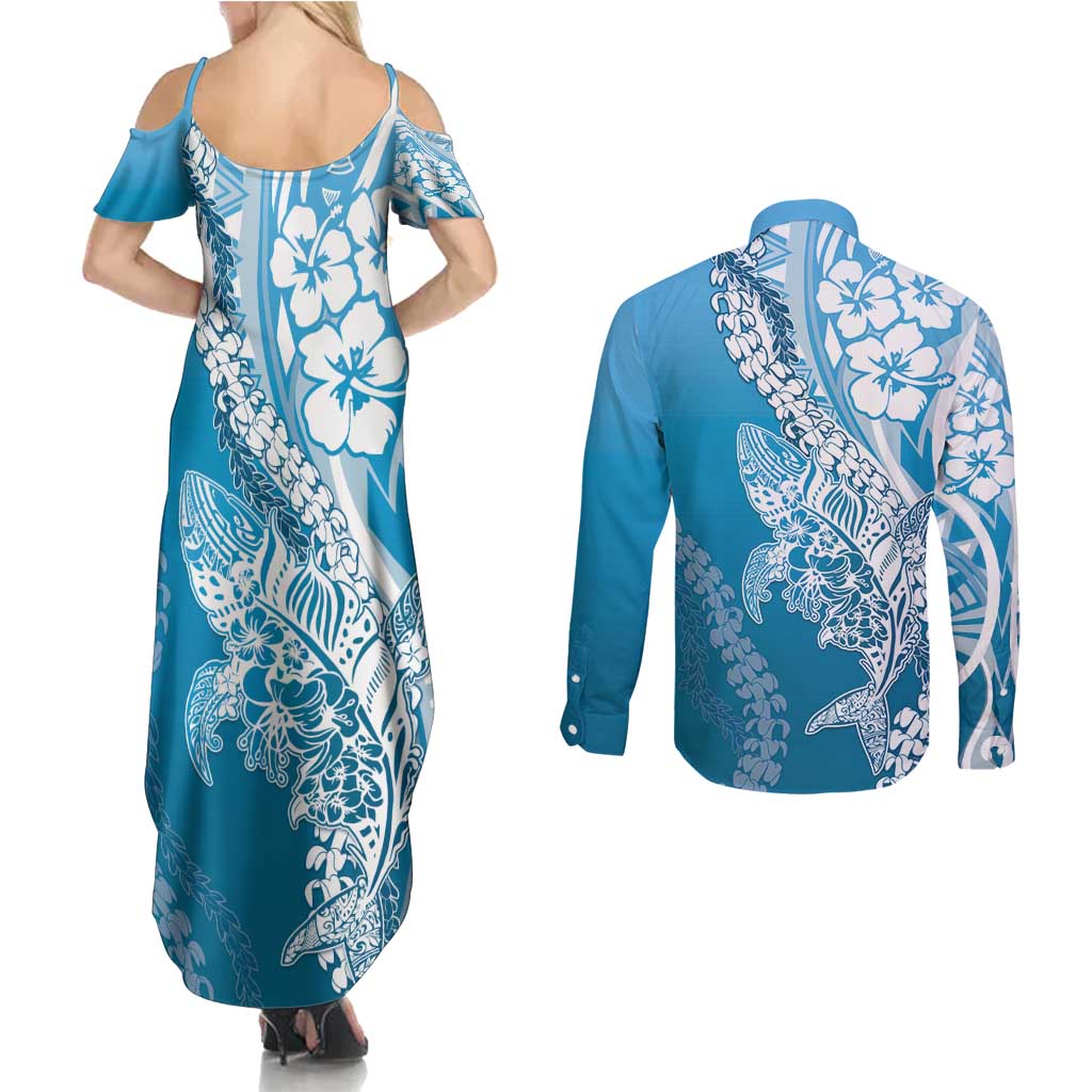 Hawaii Puakenikeni And Maile Lei Couples Matching Summer Maxi Dress and Long Sleeve Button Shirt Blue Polynesian Shark Tattoo DT05
