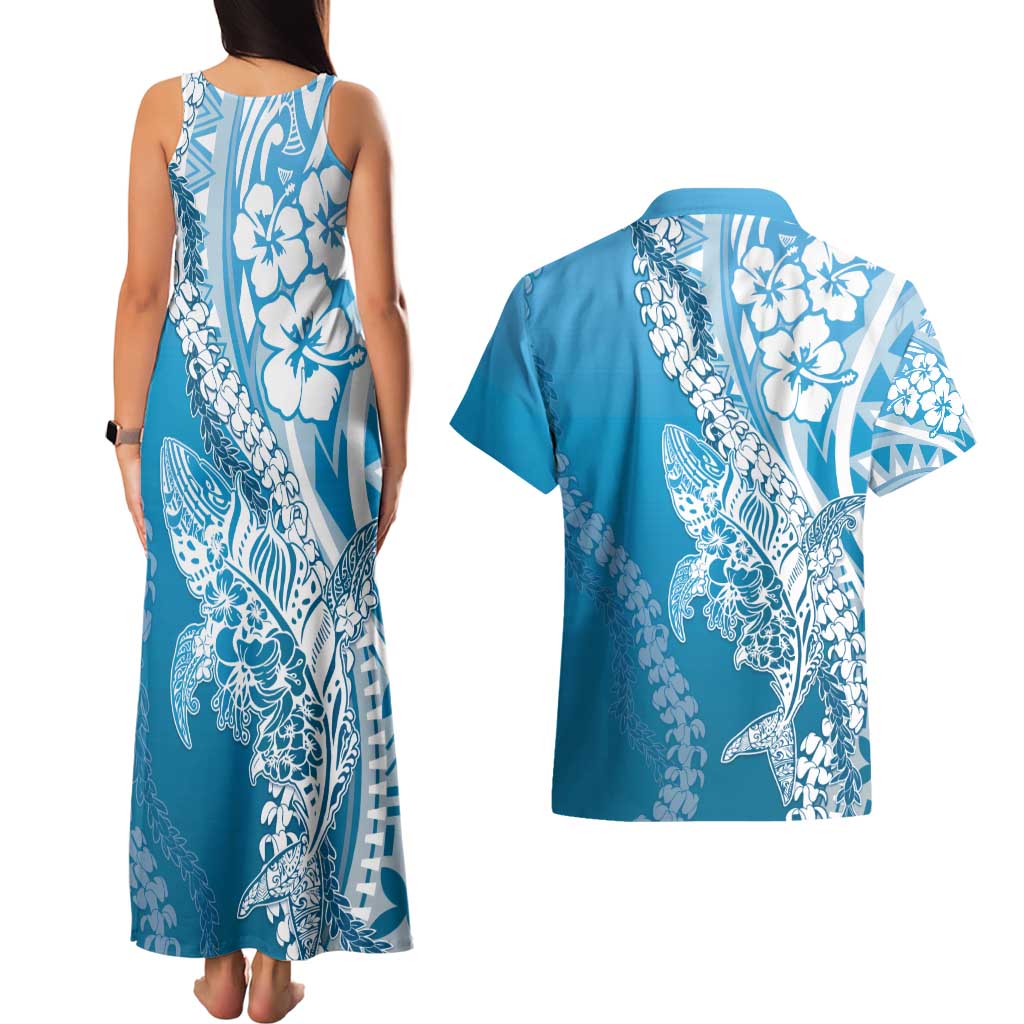 Hawaii Puakenikeni And Maile Lei Couples Matching Tank Maxi Dress and Hawaiian Shirt Blue Polynesian Shark Tattoo DT05 - Polynesian Pride
