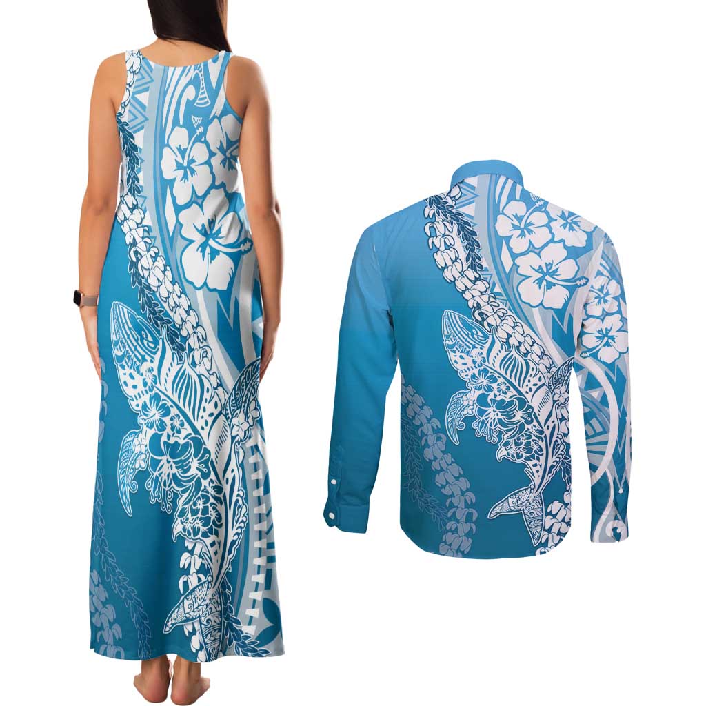 Hawaii Puakenikeni And Maile Lei Couples Matching Tank Maxi Dress and Long Sleeve Button Shirt Blue Polynesian Shark Tattoo DT05 - Polynesian Pride