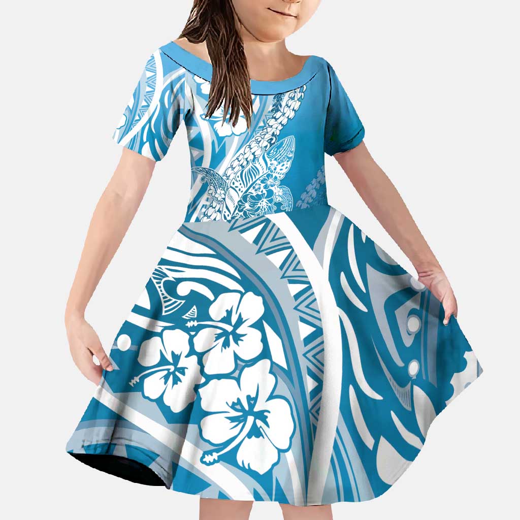 Hawaii Puakenikeni And Maile Lei Family Matching Long Sleeve Bodycon Dress and Hawaiian Shirt Blue Polynesian Shark Tattoo DT05 Daughter's Dress Blue - Polynesian Pride