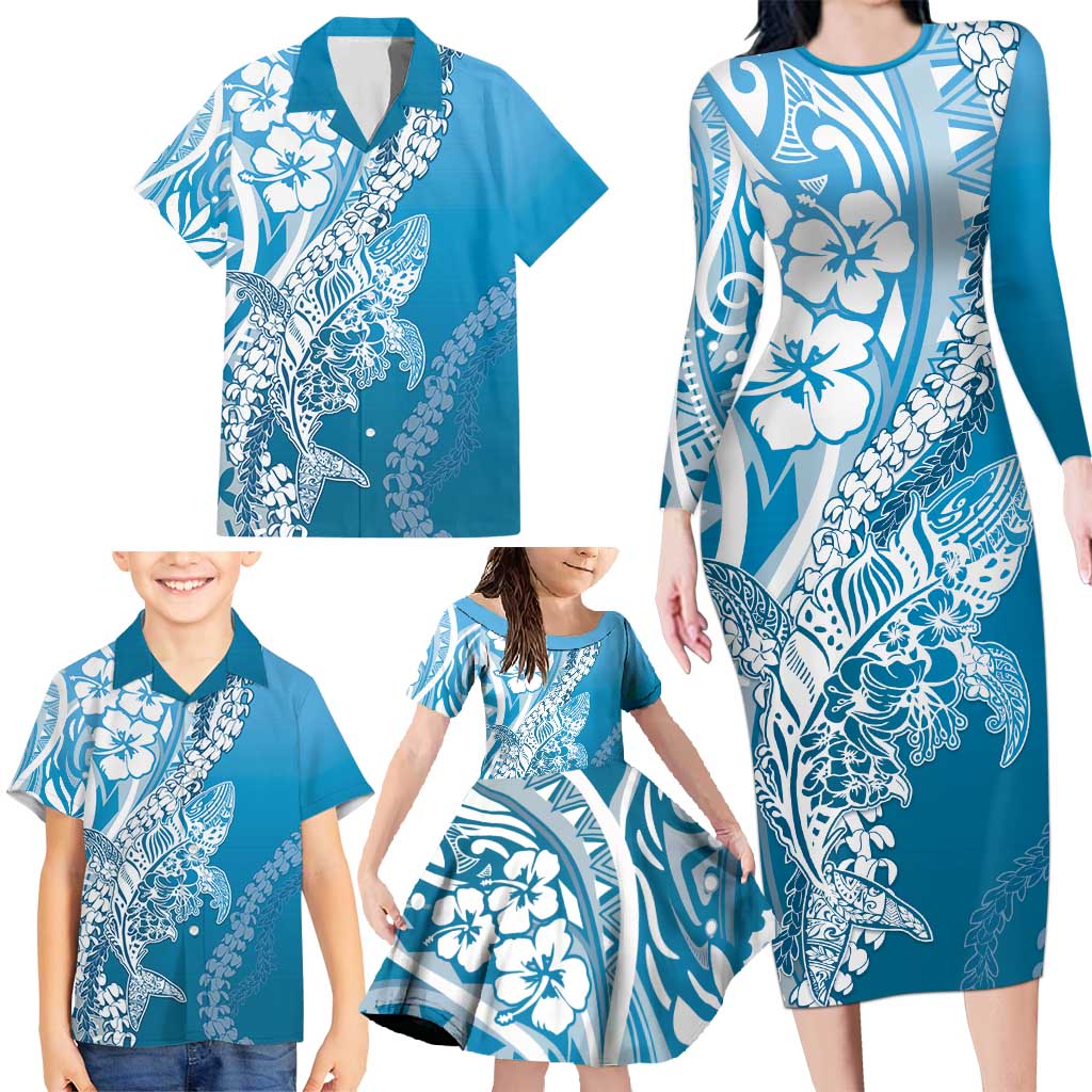 Hawaii Puakenikeni And Maile Lei Family Matching Long Sleeve Bodycon Dress and Hawaiian Shirt Blue Polynesian Shark Tattoo DT05 - Polynesian Pride
