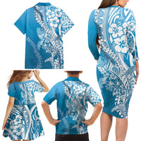 Hawaii Puakenikeni And Maile Lei Family Matching Long Sleeve Bodycon Dress and Hawaiian Shirt Blue Polynesian Shark Tattoo DT05 - Polynesian Pride