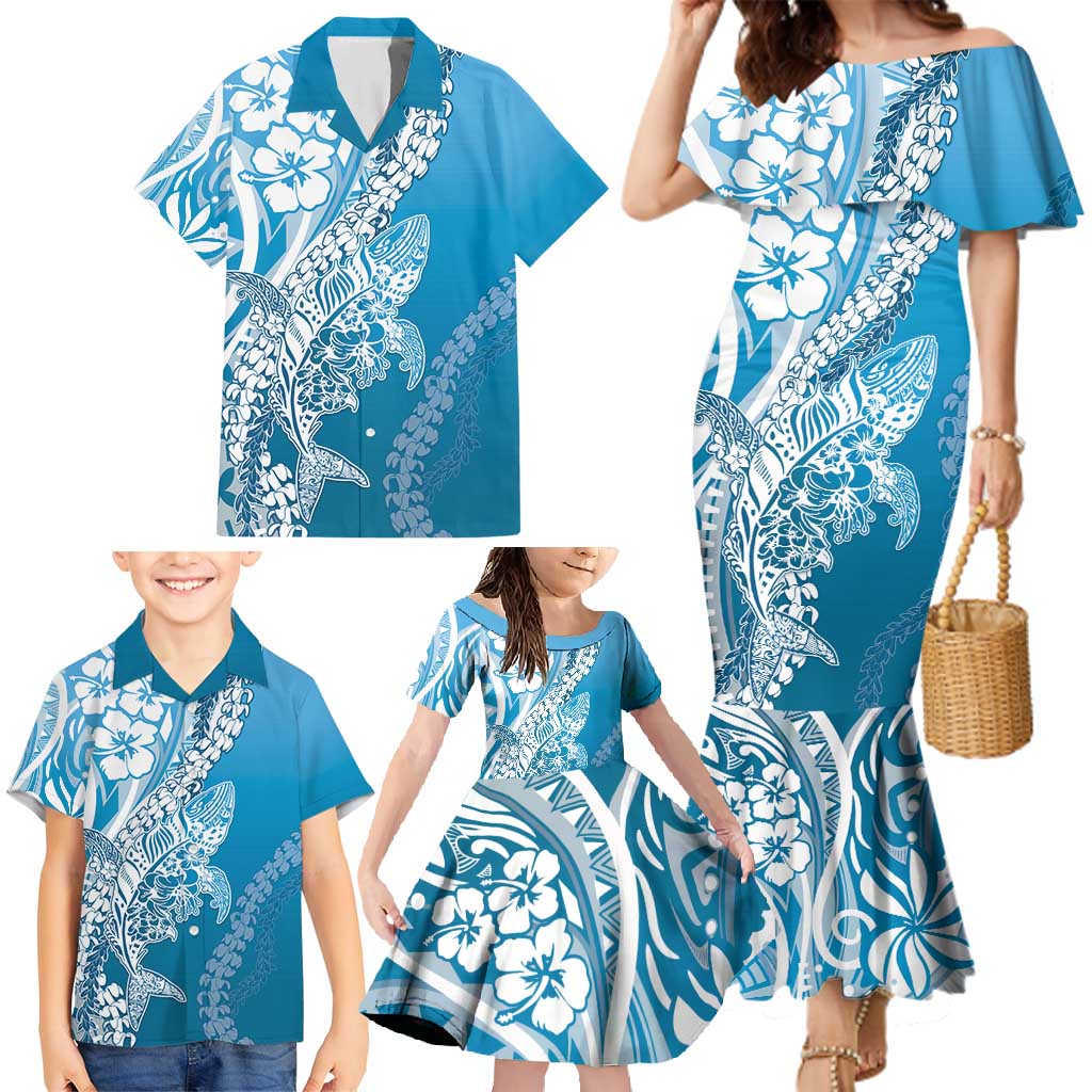 Hawaii Puakenikeni And Maile Lei Family Matching Mermaid Dress and Hawaiian Shirt Blue Polynesian Shark Tattoo DT05 - Polynesian Pride