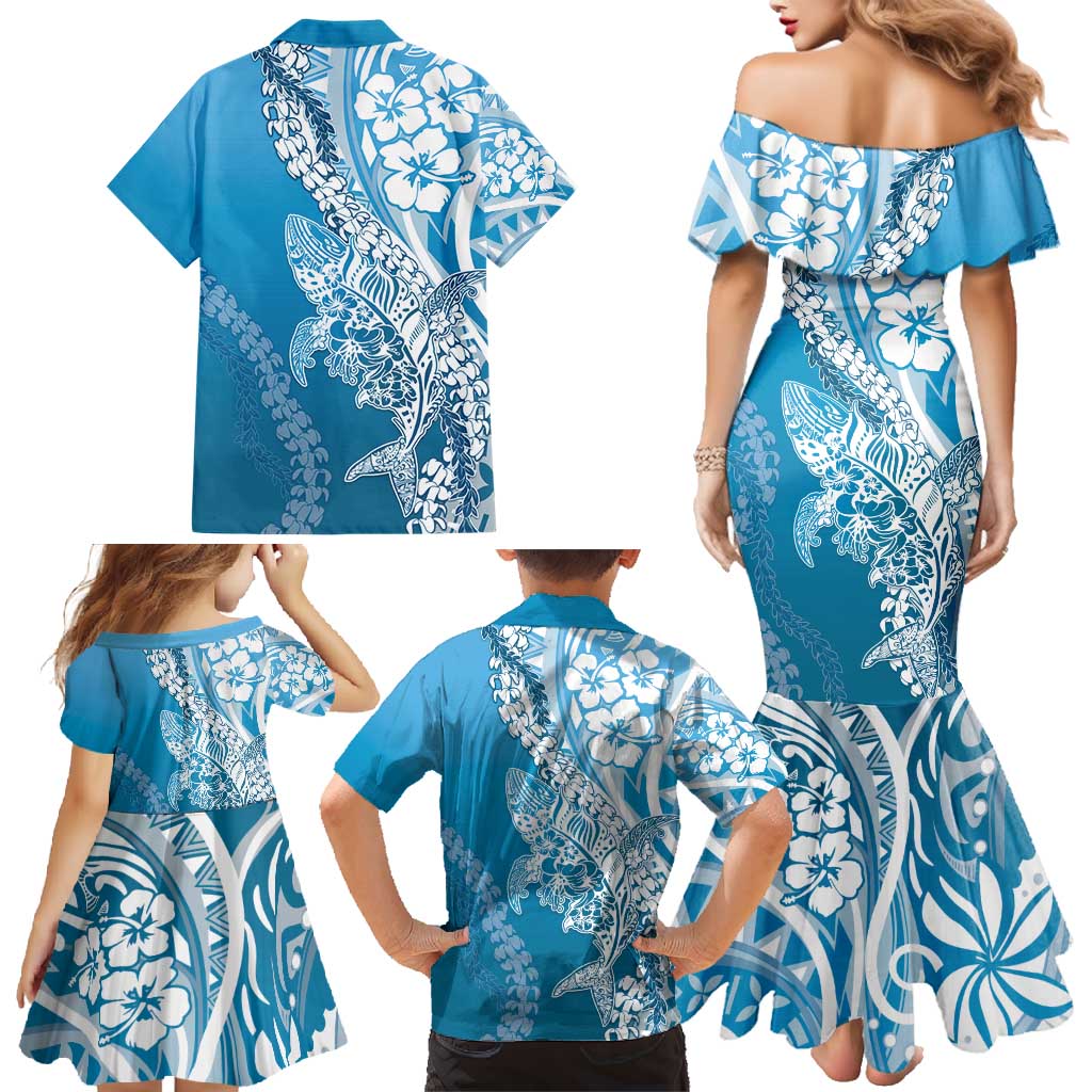 Hawaii Puakenikeni And Maile Lei Family Matching Mermaid Dress and Hawaiian Shirt Blue Polynesian Shark Tattoo DT05 - Polynesian Pride