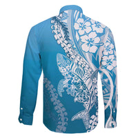 Hawaii Puakenikeni And Maile Lei Family Matching Off The Shoulder Long Sleeve Dress and Hawaiian Shirt Blue Polynesian Shark Tattoo DT05