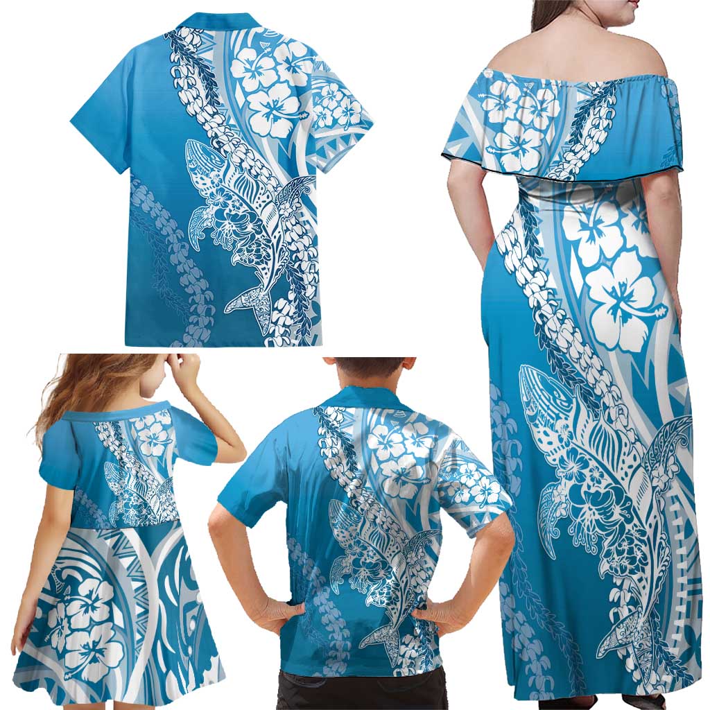 Hawaii Puakenikeni And Maile Lei Family Matching Off Shoulder Maxi Dress and Hawaiian Shirt Blue Polynesian Shark Tattoo DT05 - Polynesian Pride