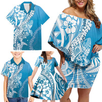 Hawaii Puakenikeni And Maile Lei Family Matching Off Shoulder Short Dress and Hawaiian Shirt Blue Polynesian Shark Tattoo DT05 - Polynesian Pride