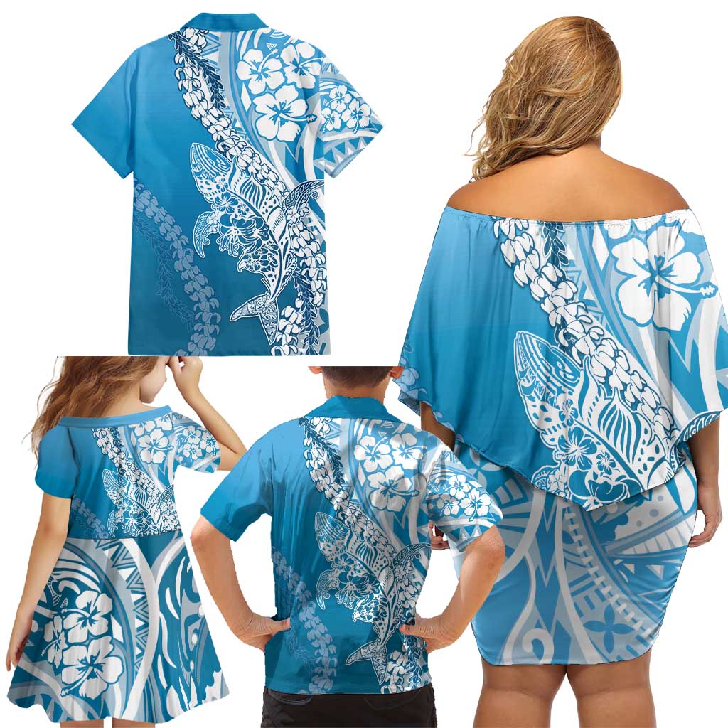 Hawaii Puakenikeni And Maile Lei Family Matching Off Shoulder Short Dress and Hawaiian Shirt Blue Polynesian Shark Tattoo DT05 - Polynesian Pride