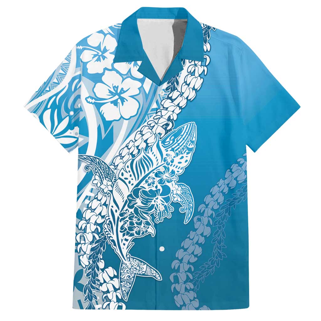 Hawaii Puakenikeni And Maile Lei Family Matching Off Shoulder Short Dress and Hawaiian Shirt Blue Polynesian Shark Tattoo DT05 Dad's Shirt - Short Sleeve Blue - Polynesian Pride