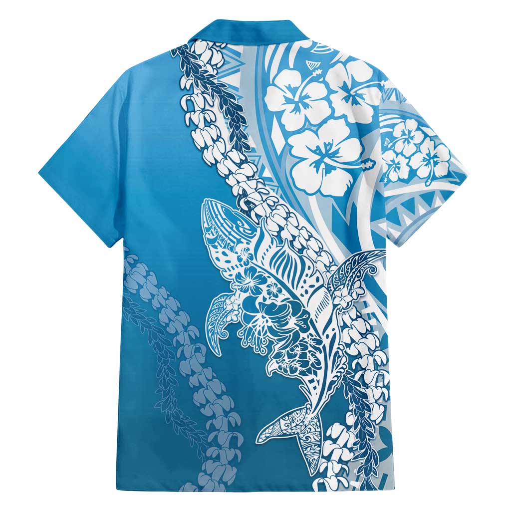 Hawaii Puakenikeni And Maile Lei Family Matching Off Shoulder Short Dress and Hawaiian Shirt Blue Polynesian Shark Tattoo DT05 - Polynesian Pride