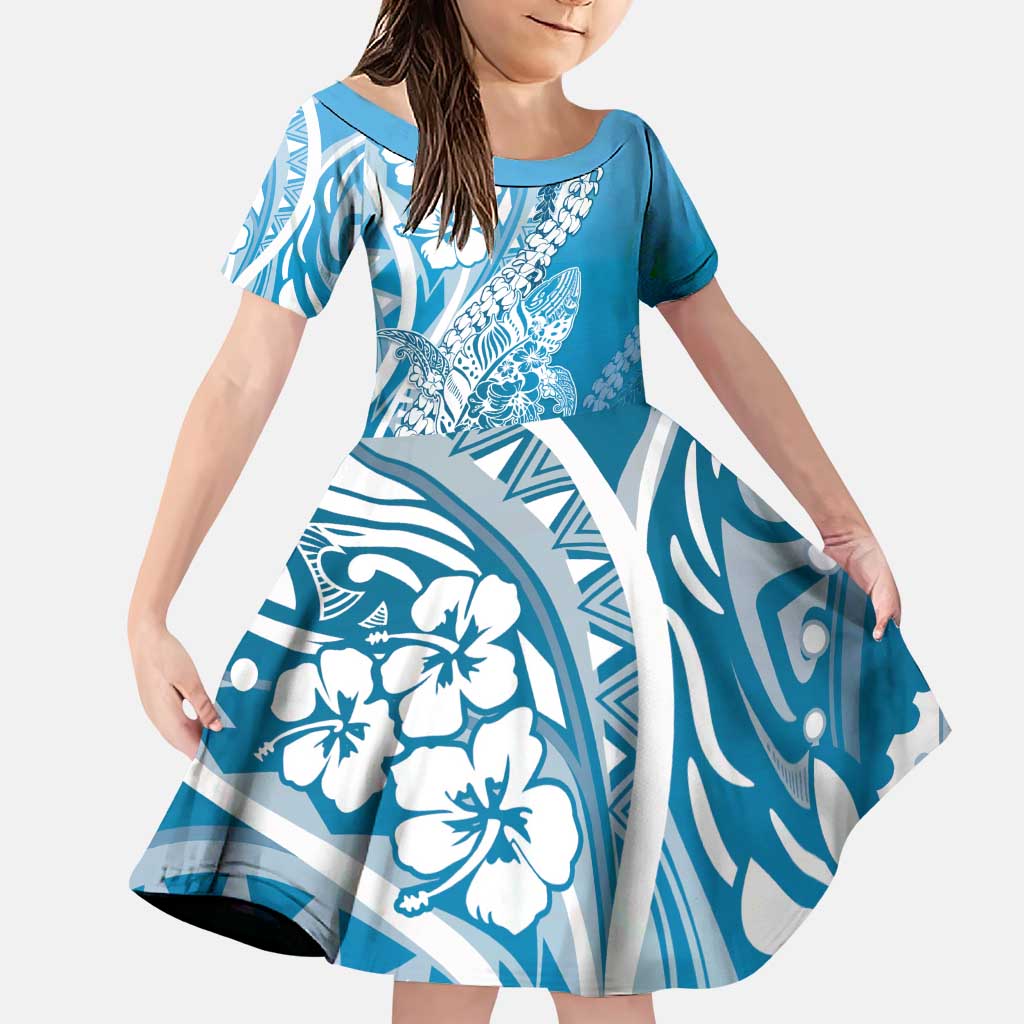 Hawaii Puakenikeni And Maile Lei Family Matching Puletasi and Hawaiian Shirt Blue Polynesian Shark Tattoo DT05 Daughter's Dress Blue - Polynesian Pride