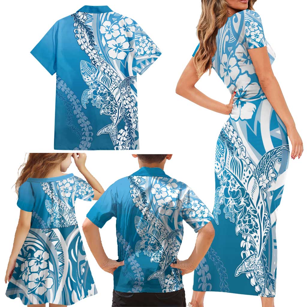 Hawaii Puakenikeni And Maile Lei Family Matching Short Sleeve Bodycon Dress and Hawaiian Shirt Blue Polynesian Shark Tattoo DT05 - Polynesian Pride