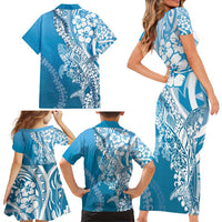 Hawaii Puakenikeni And Maile Lei Family Matching Short Sleeve Bodycon Dress and Hawaiian Shirt Blue Polynesian Shark Tattoo DT05 - Polynesian Pride