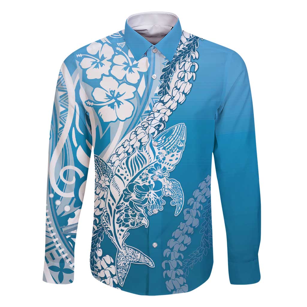Hawaii Puakenikeni And Maile Lei Family Matching Short Sleeve Bodycon Dress and Hawaiian Shirt Blue Polynesian Shark Tattoo DT05 Dad's Shirt - Long Sleeve Blue - Polynesian Pride