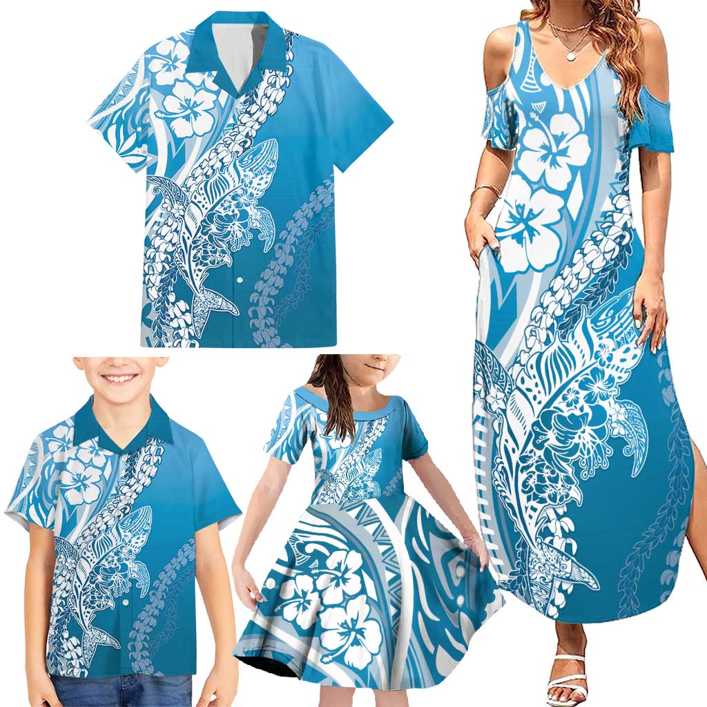Hawaii Puakenikeni And Maile Lei Family Matching Summer Maxi Dress and Hawaiian Shirt Blue Polynesian Shark Tattoo DT05 - Polynesian Pride