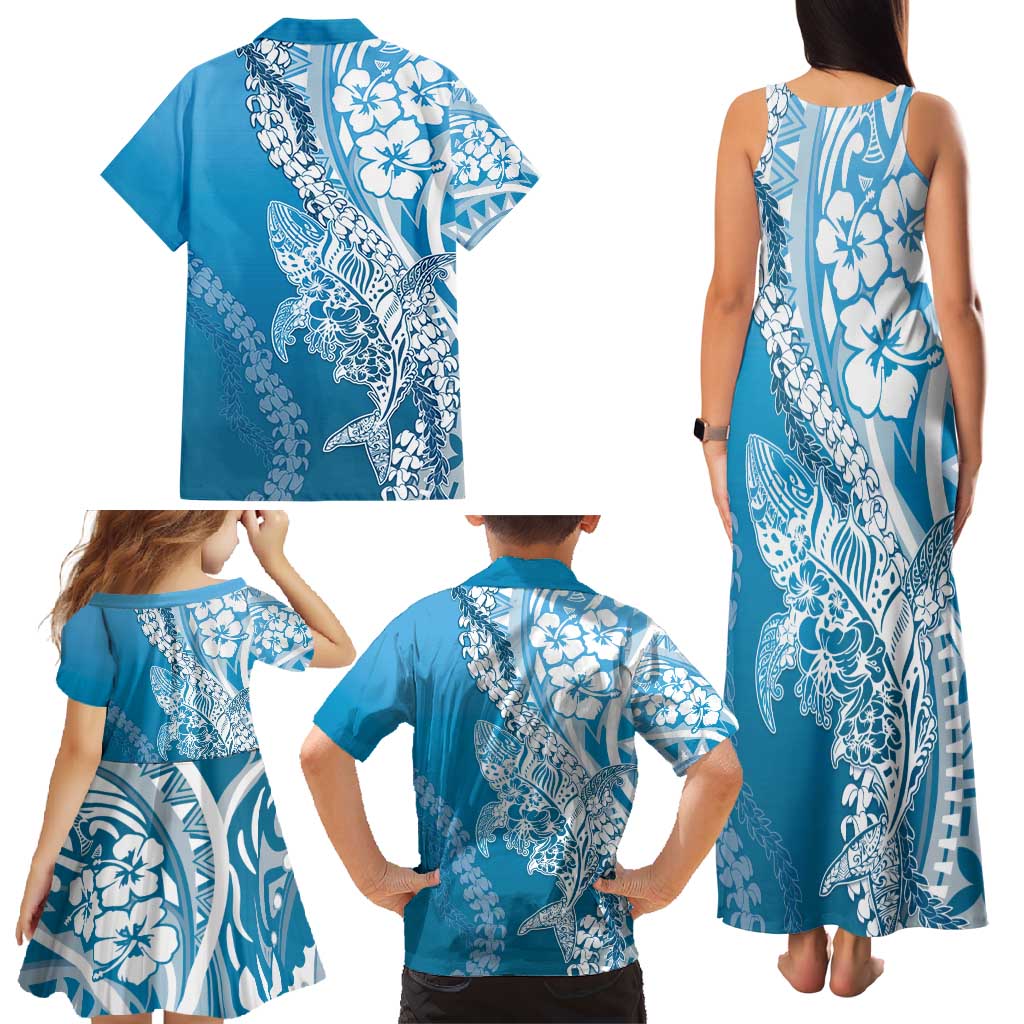 Hawaii Puakenikeni And Maile Lei Family Matching Tank Maxi Dress and Hawaiian Shirt Blue Polynesian Shark Tattoo DT05