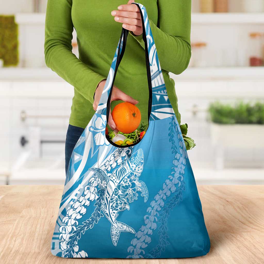 Hawaii Puakenikeni And Maile Lei Grocery Bag Blue Polynesian Shark Tattoo DT05