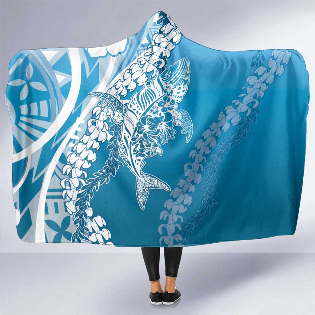 Hawaii Puakenikeni And Maile Lei Hooded Blanket Blue Polynesian Shark Tattoo DT05