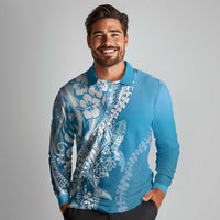 Hawaii Puakenikeni And Maile Lei Long Sleeve Polo Shirt Blue Polynesian Shark Tattoo DT05