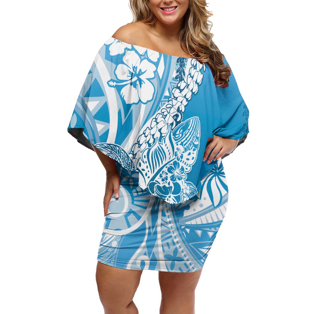 Hawaii Puakenikeni And Maile Lei Off Shoulder Short Dress Blue Polynesian Shark Tattoo DT05 Women Blue - Polynesian Pride