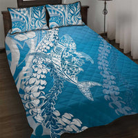 Hawaii Puakenikeni And Maile Lei Quilt Bed Set Blue Polynesian Shark Tattoo DT05