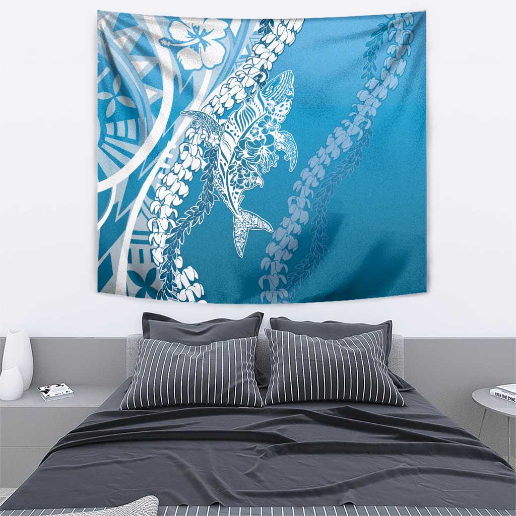 Hawaii Puakenikeni And Maile Lei Tapestry Blue Polynesian Shark Tattoo DT05