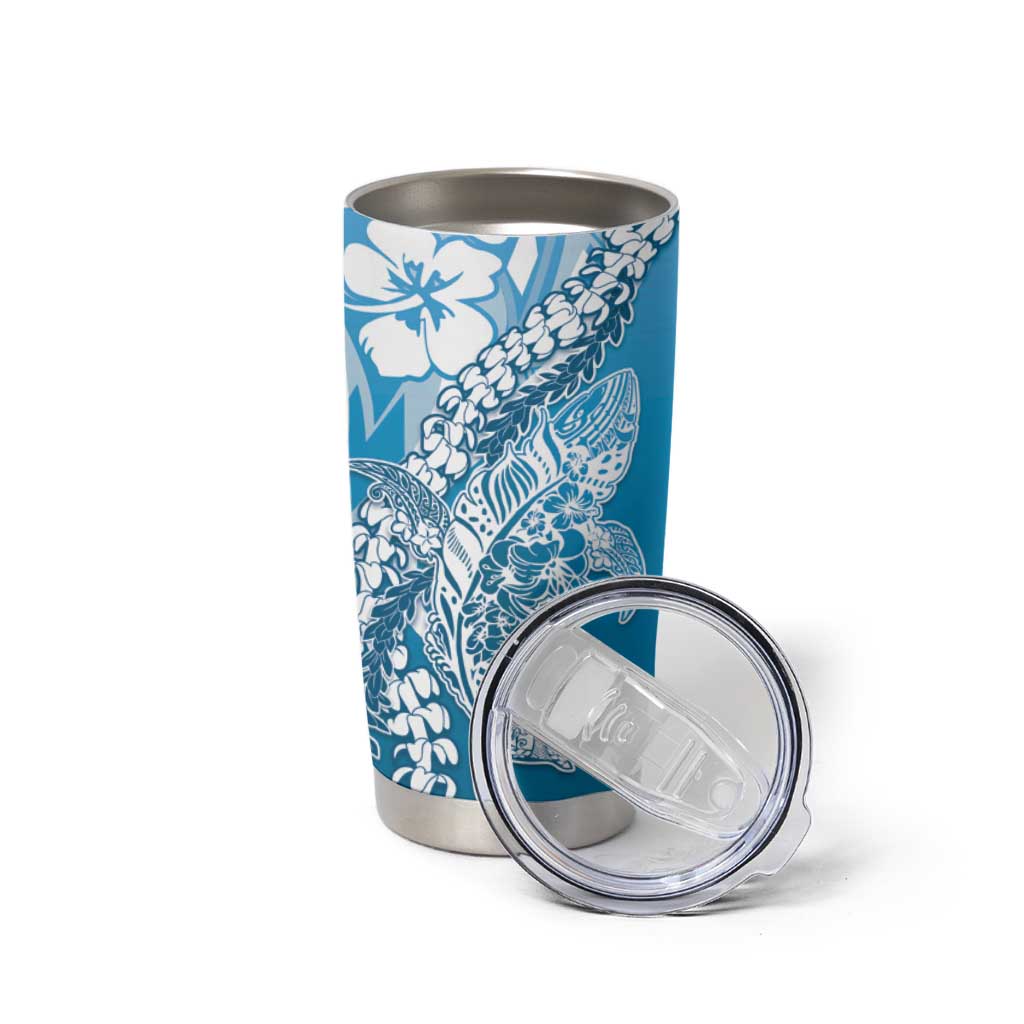 Hawaii Puakenikeni And Maile Lei Tumbler Cup Blue Polynesian Shark Tattoo DT05